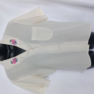 Vintage Lucia Button Up Short Sleeved Blouse Cream with Floral applica collar